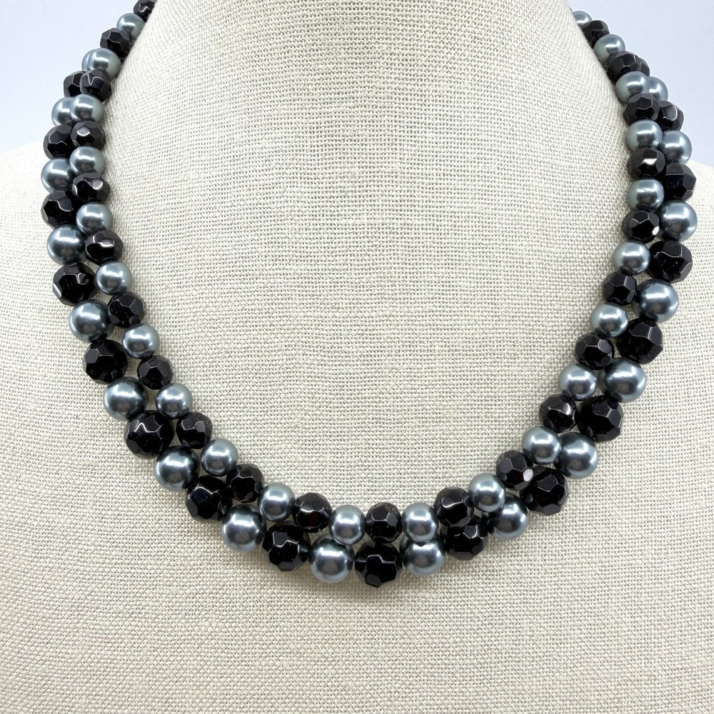 Layered Grey Faux Pearl & Black Faceted Bead Statement Necklace Romantic Gothic